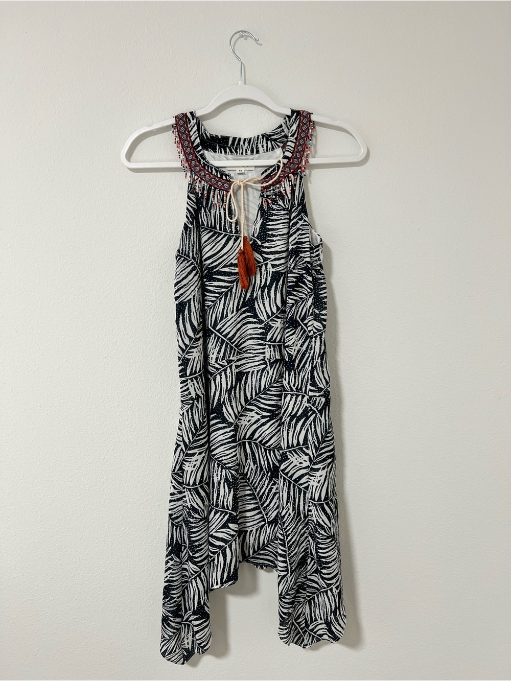 THML Palm-Print Sleevless Dress with Embroidered Neckline